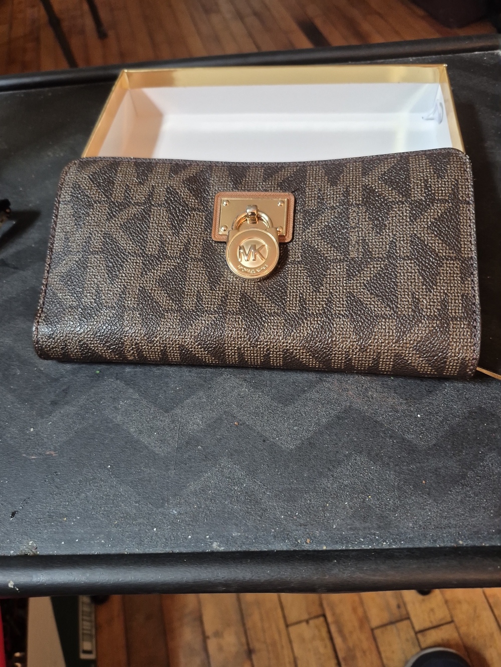 Michael Kors Brown MK Logo Continental Wallet with Gold Hardware